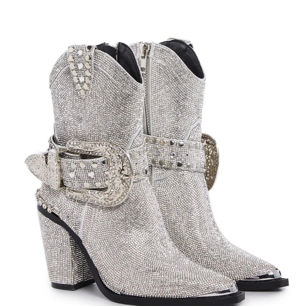 Dolls Kill Rhinestone Silver Heeled Western Boots